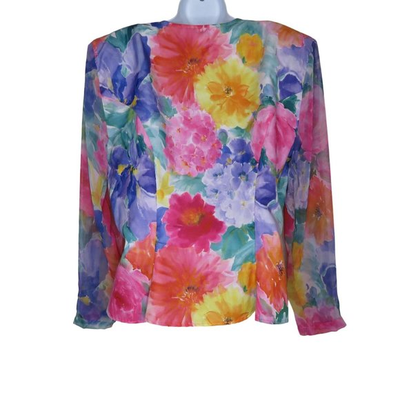 Vintage Floral Peplum Jacket Blouse Blazer Chiffon Sleeve Buttons Shoulder Pads - Picture 9 of 13